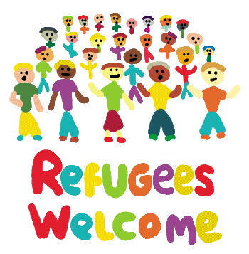 Refugees Welcome design features a diverse collection of stick people in a friendly welcoming group. The wording and colours celebrate diversity, new arrivals and aims to ensure refugees and migrants are made to feel welcome.