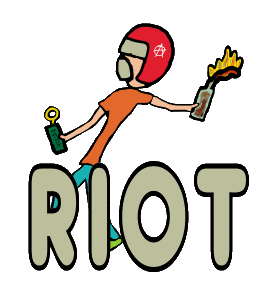 Riot design celebrates civil unrest with graphic of a helmet and mask-wearing rioter about to throw a molotov cocktail with the large 