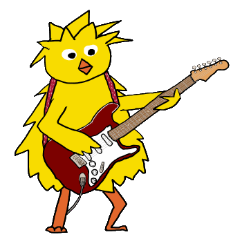 Rock Chick plays guitar in a cunning play on words - a rocking chick! Big yellow Easter style chick and cool electric guitar for axe wielding ladies.