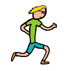 Colourful hand drawn stick figure style runner in action with blue top and red shorts