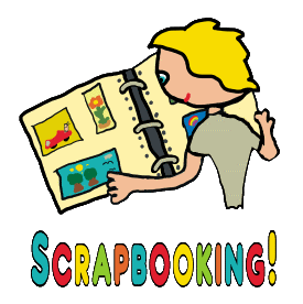 Building a scrapbook or scrapbooking is a popular hobby. Family photos, treasured memories - they can all go into a valuable archive to be shown around and passed on to future generations. Fun graphic shows a scrapbooker or scrapper reviewing their album.