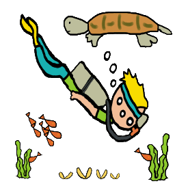 Scuba diving design shows scuba diver underwater with mask, flippers and air tank on back.  Includes a turtle, fish, bubbles, clams and seaweed - in a fun design for scuba enthusiasts.