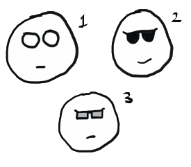 Three stickmen with eyes, sunglasses and mirror shades for extra cool