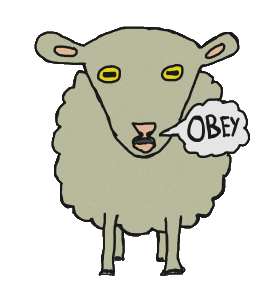 Obey Sheep is telling the viewer to Obey. Or maybe he is repeating the programming to himself as in 