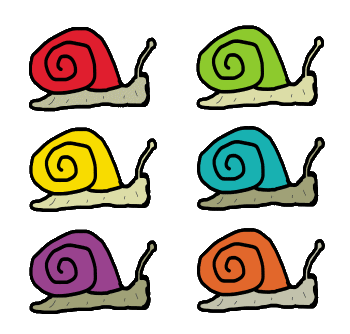 Snails design shows six colorful snails in a graphic style. For snail fans.