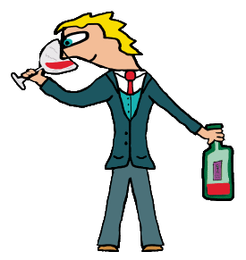 Sommelier wine tasting graphic shows expert taster smelling the aroma of a fine wine by tilting the glass slightly and inhaling.  Other hand holds the remains of a bottle which the wine buff plans to finish tasting very soon.