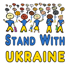 Stand With Ukraine design shows a group of people supporting Ukraine, wearing the colors of the flag, with the words 