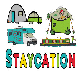 ​Staycation design shows some choices for a stay at home holiday - caravanning, camping, RV travelling and a narrowboat. Choose one or all of them and enjoy a staycation in your own country.