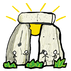 Stonehenge design shows a couple of standing stones with the sun behind, and stick people visitors.