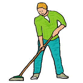Sweeping design shows a cleaner pushing a broom in a typical sweeping up pose. For the house proud, janitors or those eager to start Spring Cleaning. Time to sweep the floor and get the place looking spick and span.