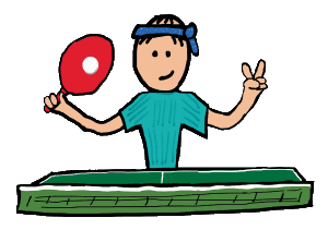 Table tennis graphic shows stickman style player striking the ball with paddle plus a V for Victory sign.