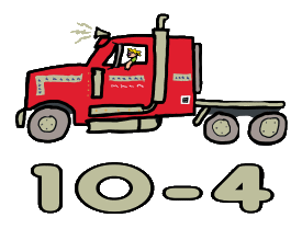 Ten Four Trucking shows a hand drawn honking semi truck being driven by a laid back trucker.  A fun design for trucking fans and supporters.