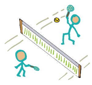Two stickman tennis players on court, playing tennis across a net. Rackets, a ball, a court - game on!