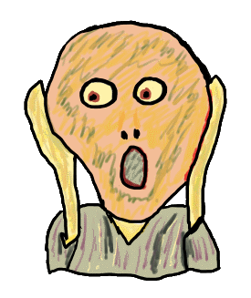 The Scream reimagined in simple graphics with open screaming mouth and despairing hands held to face. For people who feel like screaming.