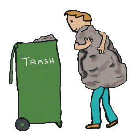 Taking out the trash to the green recyle wheelie bin carrying heavy sack of rubbish