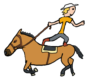 Trick riding design shows a stunt rider standing on the back of horse while galloping at full speed.