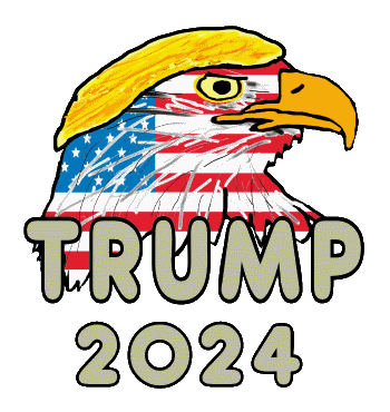 Trump 2024 Eagle shows a patriotic eagle with Stars and Stripes infill and a full head of blond Trump style hair, with the message 