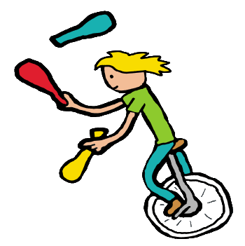 Unicycle juggler with three wooden clubs