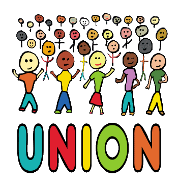 Union design features a crowd of different stick people standing above the large UNION lettering. Colorful and warm graphic to show the power and joy in Union.