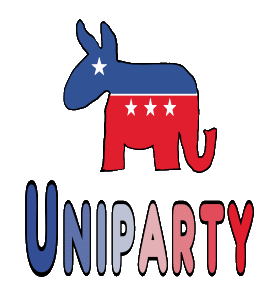 Uniparty design shows the political animals merged into one beast. The word 