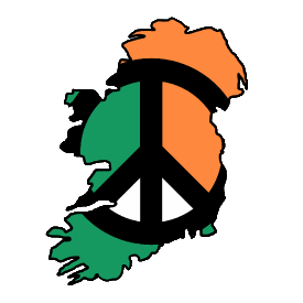 United Ireland shows an outline map of Ireland with a Peace Symbol infill containing the colors of the Tricolor. A design statement for a united and peaceful Ireland.
