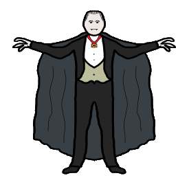 Count Dracula Vampire design shows the count standing with arms outstretched with cape behind in a typical scary pose. A hint of sharp teeth, the hairline and the special brooch are giveaways to the Count's evil intent.
