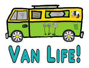 Van Life features a cool van with panda and daisy artwork, plus daisy wheels with the words 