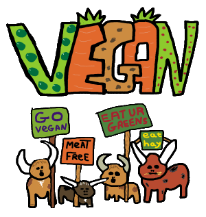 Vegan design shows the word made of vegetables with peas, carrots, potatoes and fruits.  Underneath is an animal protest with placards encouraging a plant based meat free lifestyle.  Get the vegan message across in a fun friendly way.