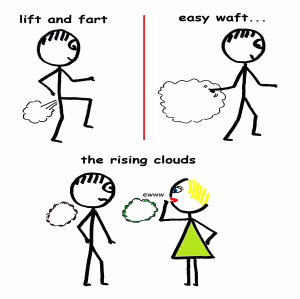 Funny fart cartoon shows stickman wafting a fart cloud which rises to the nose of a young lady