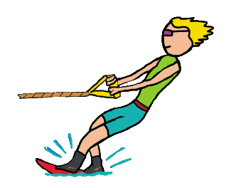 Water skiing design shows skier on single water ski cutting through the water.  Leans into tow rope, wears ski gear and shades, hair blows with the speed of the wind.  Fun bright and original logo style image for water skiers and fans of this sport.