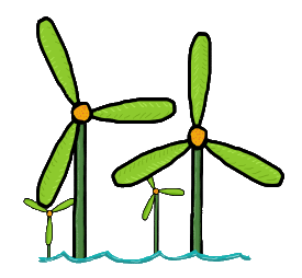 Wind Farm design features wind turbines as though they are plants or flowers growing from the ocean. For offshore wind power fans of renewable energy.  Wind Power!