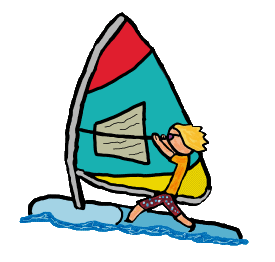 Windsurfing expert stands on board riding the waves and catching the wind. Hand drawn cool graphic for windsurfers.