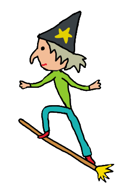 A witch flies on a broomstick - poses in a skateboard style