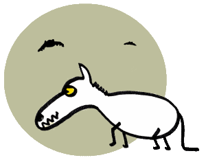 A stick figure drawing of a wolf in front of the moon.