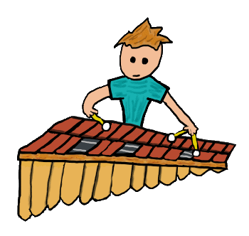 A xylophone player, xylophonist, plays instrument in this fun design.  Features a xylophone and percussionist in a humorous graphic style. 