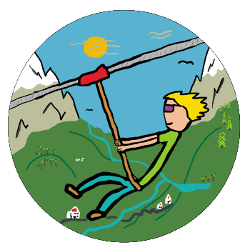 The thrill of ziplining illustrated here in a fun design showing a zip wire rider travelling down the zipline cable at full speed with wind blowing in their hair. Don't look down!