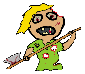 A fun zombie design featuring classic elements like weapon, blood, hair, tattered clothes, wounds, rotten teeth, mad eyes and crawling bug. For zombie fans.